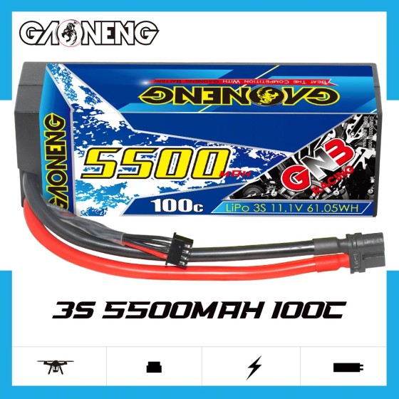 GNB GAONENG 5500MAH 3S 11.1V 100C 200C XT60 Cabled Hard Case RC LiPo Battery RC Car 1/8 1/10 Updated From 5000MAH 5200MAH
